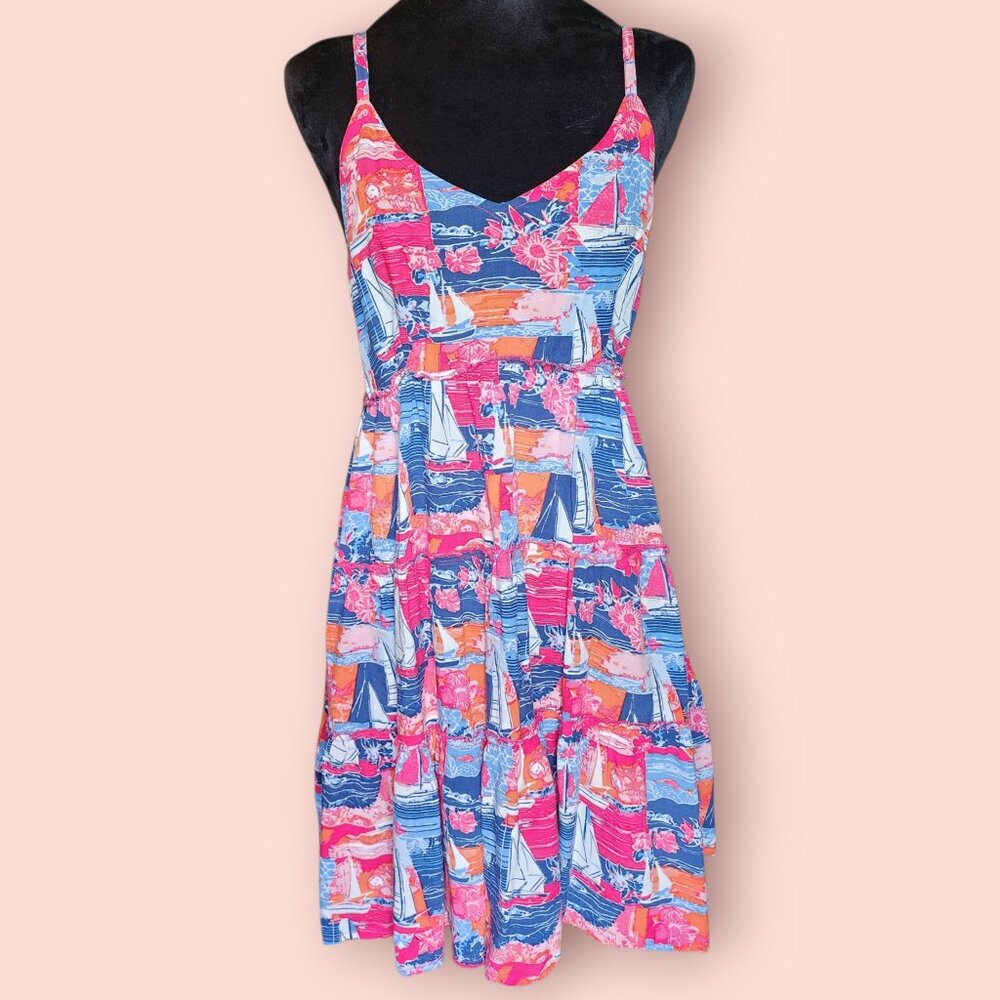 Island Beach seaside sailboat print nautical spaghetti strap sun dress size M